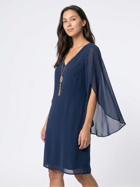 Luxology Navy Blue Midi Dress with Sheer Cape Sleeves